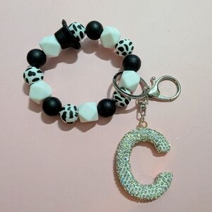 Black and White Beaded Silicone Keychain Rhinestone C Charm | Handmade By Me